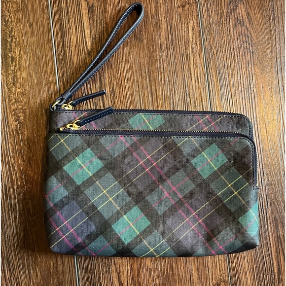 NWOT Talbots wristlet, clutch, pouch. Blue, green, yellow and pink plaid. - Picture 2 of 12